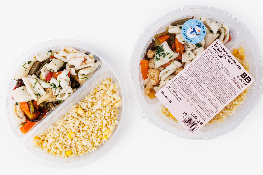 

Боул ВкусВилл с жареным кальмаром, овощами, булгуром и кукурузой 280 г