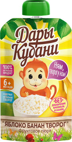 

Пюре фруктовое Дары Кубани Яблоко-банан-творог с 6 месяцев 90 г