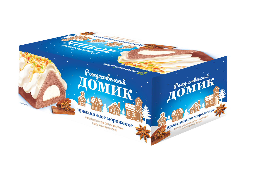 

Мороженое Солнечный день Рождественский домик пломбир с белым шоколадом и фруктовыми кусочками 500 г