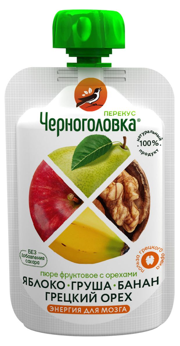 

Пюре фруктовое Черноголовка Перекус Яблоко, груша и банан с грецким орехом, с 3 лет 85 г