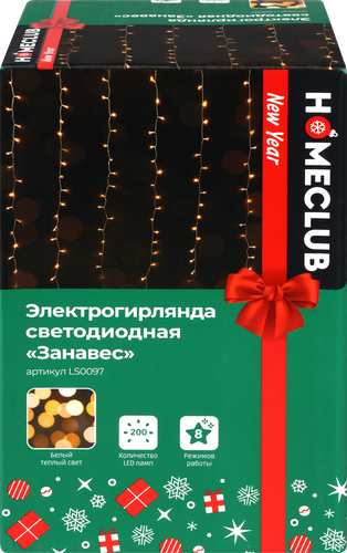 

Электрогирлянда Homeclub Занавес 200 LED 2 х 1.5 м теплый белый соединяемая IP44