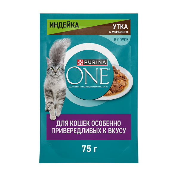Влажный корм Purina One для кошек особенно привередливых к вкусу, индейка и утка высокого качества с морковью пауч 75 г