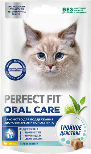 

Лакомство для кошек Perfect Fit с курицей и мятой для здоровья зубов и полости рта 50 г