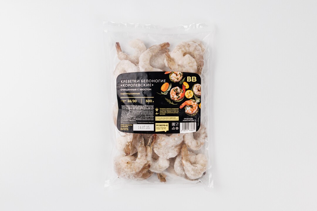 

Креветки белоногие очищенные с хвостом 26/30 замороженные, 500 г