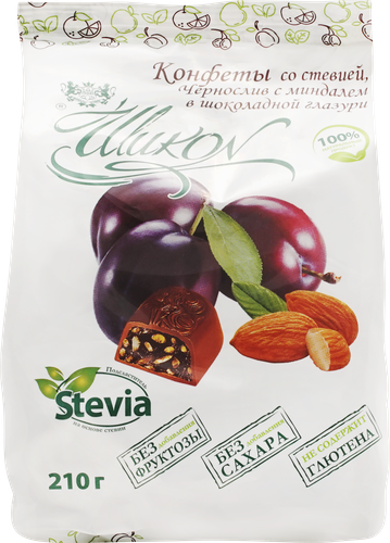 

Конфеты Шикон Чернослив с миндалем в шоколадной глазури со стевией 150 г