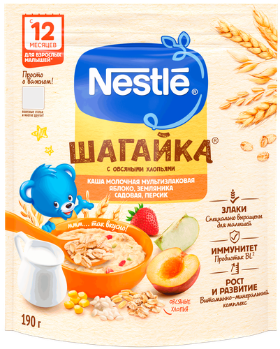 

Каша Nestle Шагайка мультизлаковая молочная яблоко земляника персик с 12 месяцев 190 г