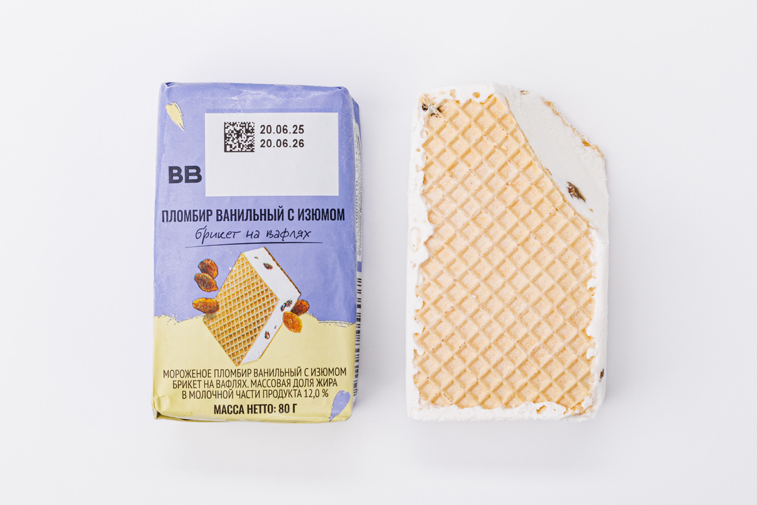 

Пломбир ВкусВилл ванильный с изюмом брикет на вафлях 80 г