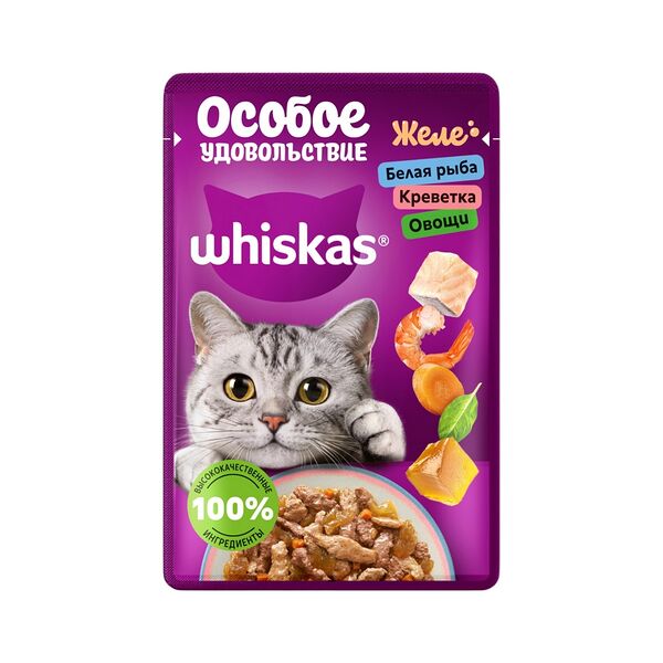 Корм влажный д/кошек Whiskas желе белая рыба креветки овощи 75г