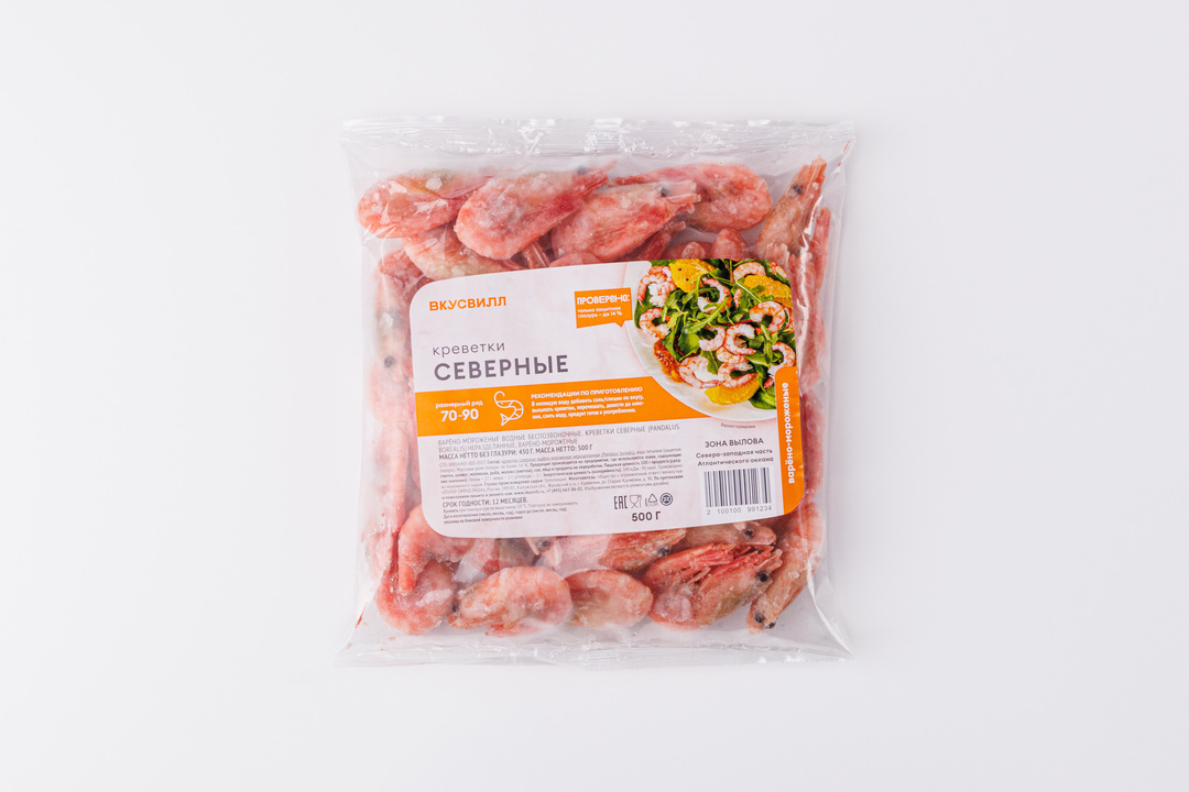 

Креветки ВкусВилл северные 70/90 в/м 500 г
