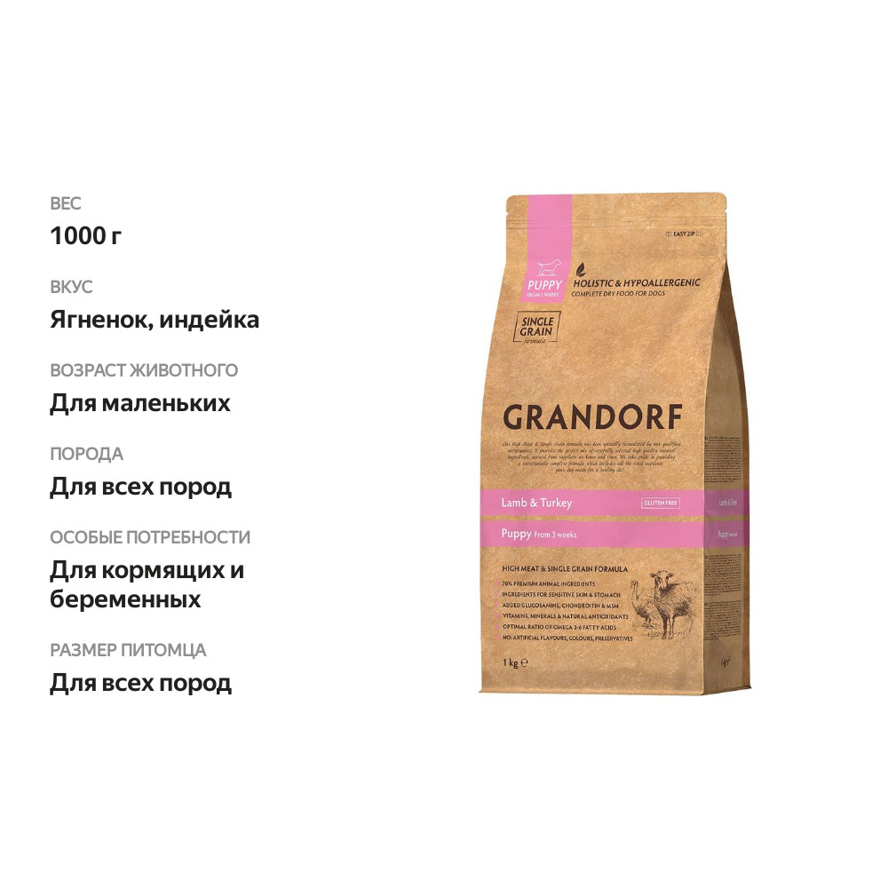 

Корм сухой для щенков Grandorf Ягненок с индейкой 1 кг