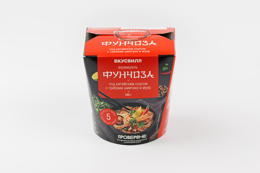 

Вермишель ВкусВилл Фунчоза под китайским соусом с грибами шиитаке и муэр 130 г