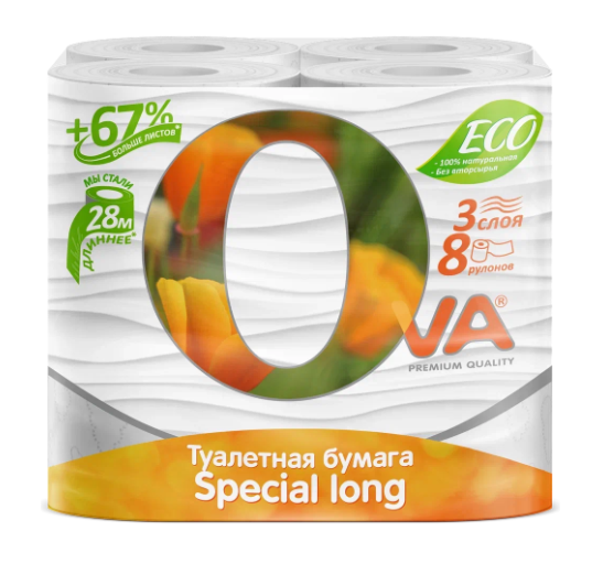 

Бумага туалетная Oва 3-х слойная 8 шт. 28 м
