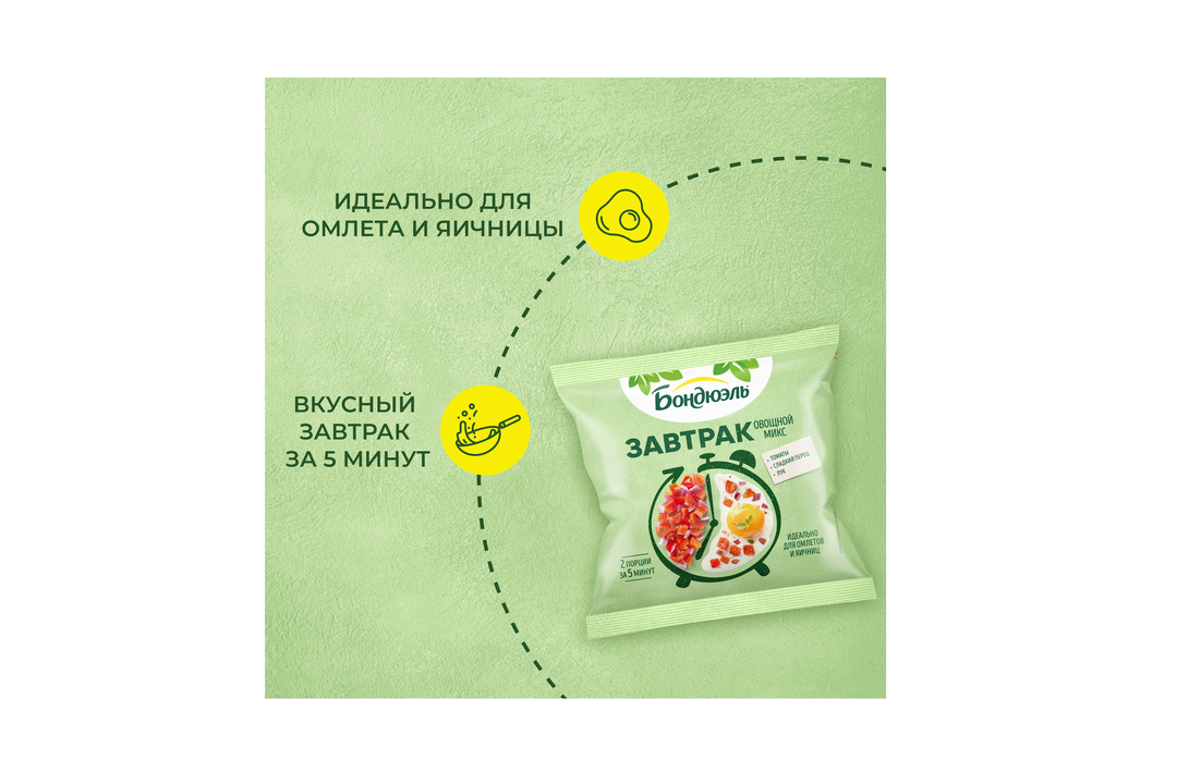 

Овощи замороженные Бондюэль Завтрак с томатами смесь для омлета и яичницы 200 г