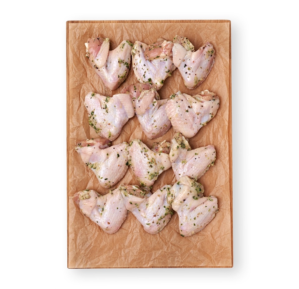 

Крылья цыплят-бройлеров Азбука Вкуса без кисти в маринаде с чесноком и зеленью вес