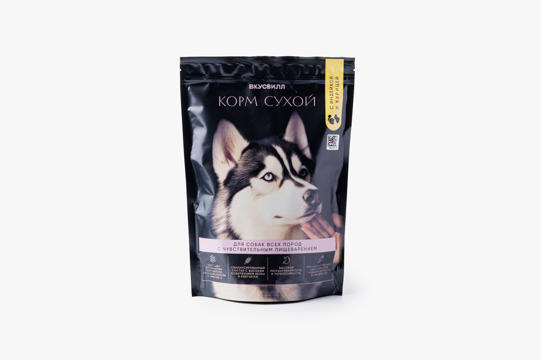 

Корм сухой ВкусВилл для собак всех пород с чувствительным пищеварением с индейкой и курицей 800 г