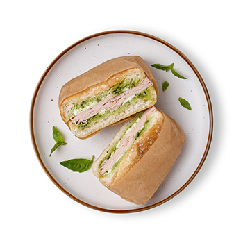 

Чиабатта с мортаделлой страчателлой и соусом песто 100 г