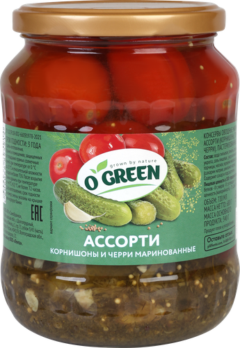 

Ассорти маринованное O'green корнишоны и томаты черри 720 мл