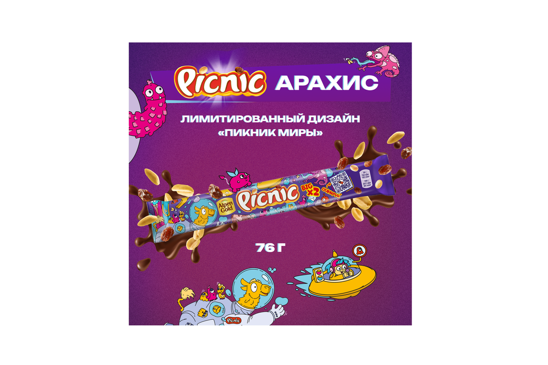 

Батончик Picnic Big с арахисом и изюмом 76 г дизайн упаковки в ассортименте