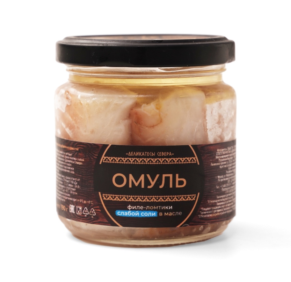 

Омуль филе-ломтики Деликатесы Севера слабосоленые в масле 190 г, Россия