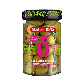 

Оливки зеленые Madama Oliva Кастельветрано с розовым перцем и розмарином 300 г