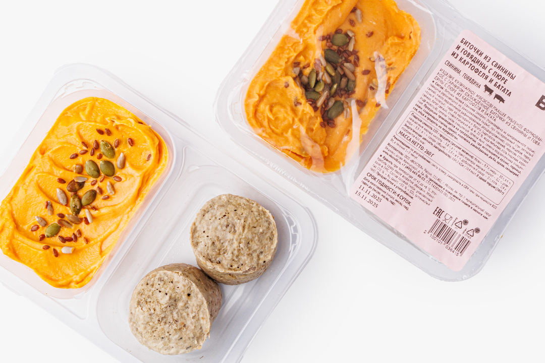 

Биточки ВкусВилл из свинины и говядины с пюре из картофеля и батата 260 г