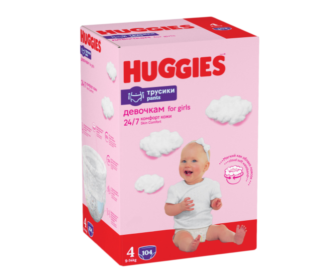 

Трусики-подгузники Huggies для девочек № 4 9-14 кг 104 шт. дизайн упаковки в ассортименте