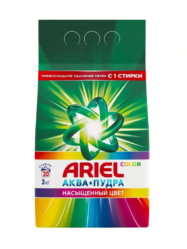 

Стиральный порошок Ariel Color Аквапудра автомат 3 кг дизайн упаковки в ассортименте