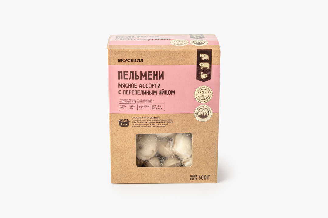 

Пельмени ВкусВилл Мясное ассорти с перепелиным яйцом 500 г