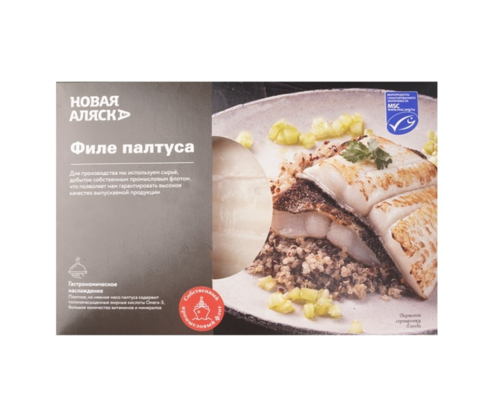 

Палтус синекорый Новая Аляска филе порционное на коже без костей 600 г