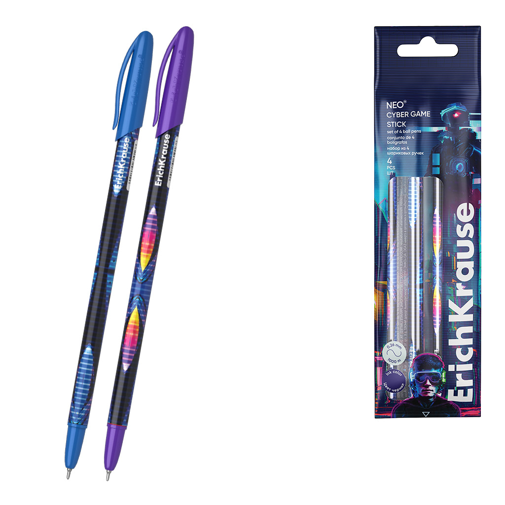 

Набор ручек ErichKrause Neo Stick Cyber Game шариковых синих, 4шт