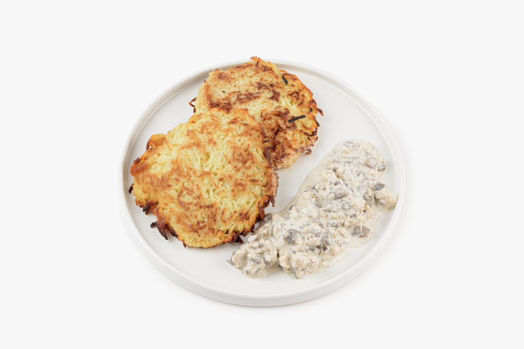 

Картофельные драники ВкусВилл с курицей и грибами в сливочном соусе 250 г