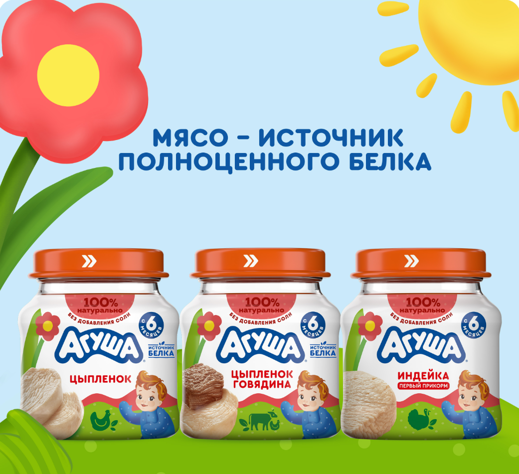 

Пюре мясное Агуша Цыпленок и говядина с 6 месяцев 80 г