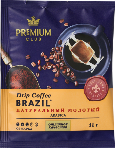 

Кофе молотый PREMIUM CLUB Drip Ethiopia/Brazil в ассортименте, 11г