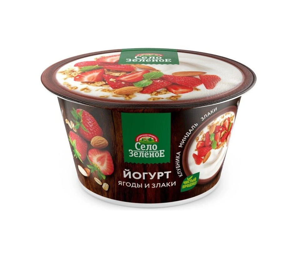 

Йогурт Село Зелёное клубника миндаль злаки 3.2% без ЗМЖ 180 г