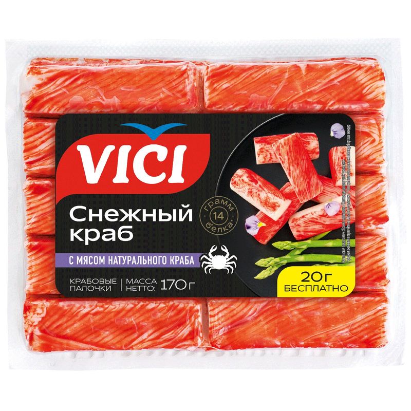 

Крабовые палочки Vici с мясом натурального краба охлажденные, 170 г