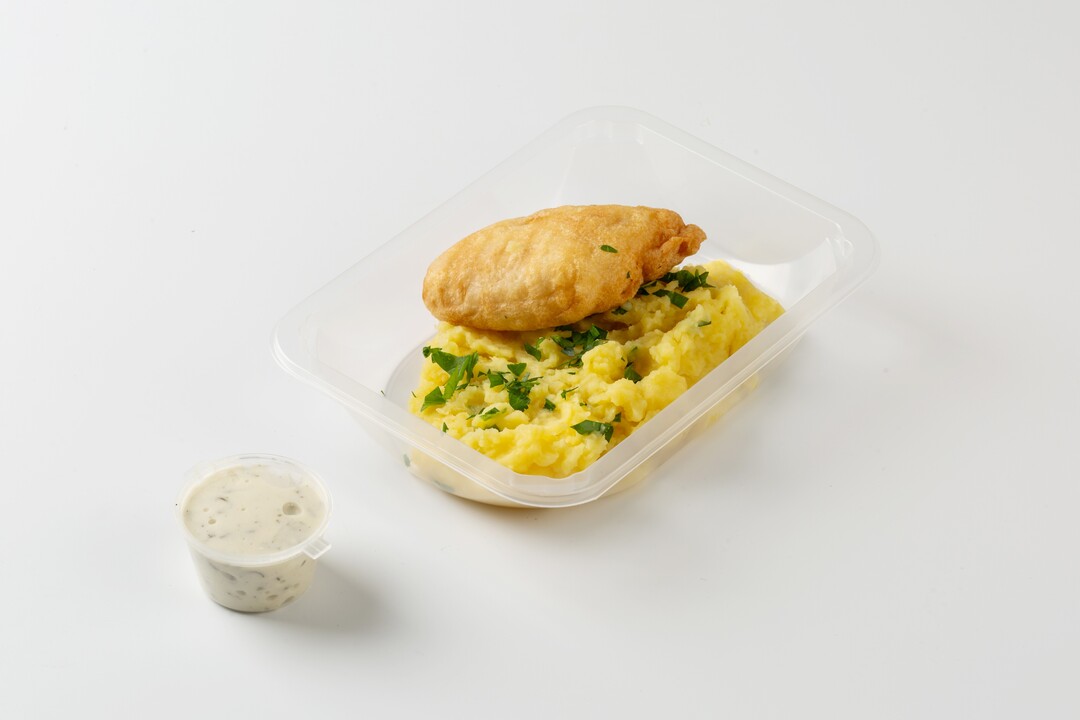 

Филе-кусочки трески атлантической ВкусВилл в кляре с картофельным пюре и чесночным соусом Дк 361 г