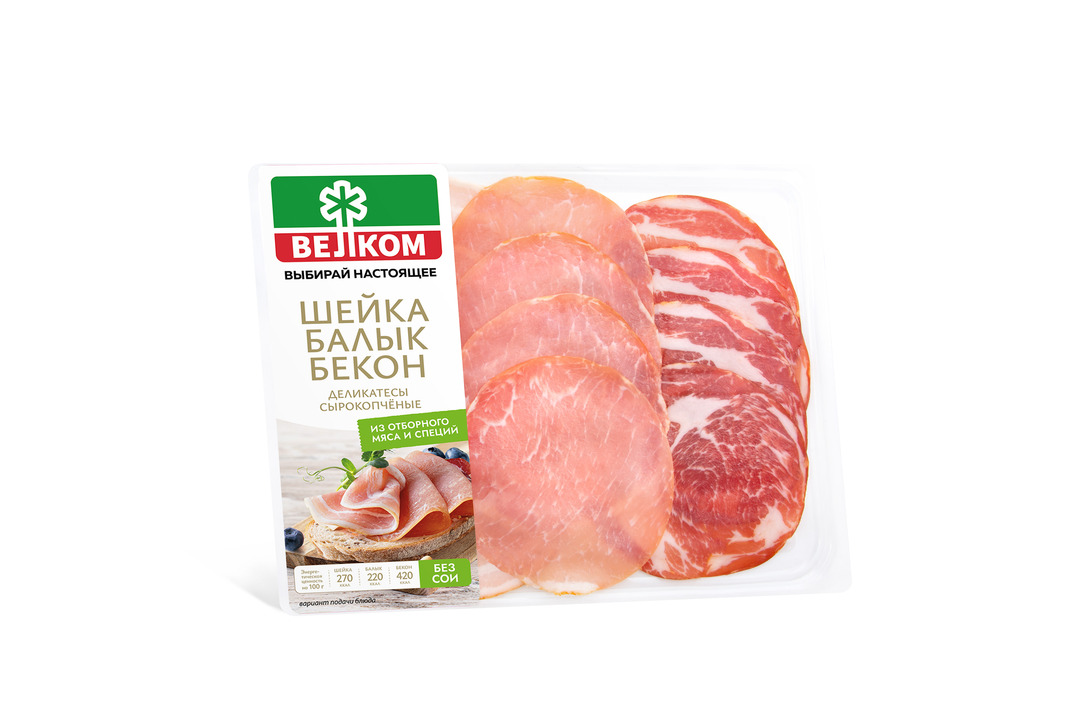 

Ассорти сырокопченое Велком шейка, балык, бекон, нарезка 90 г