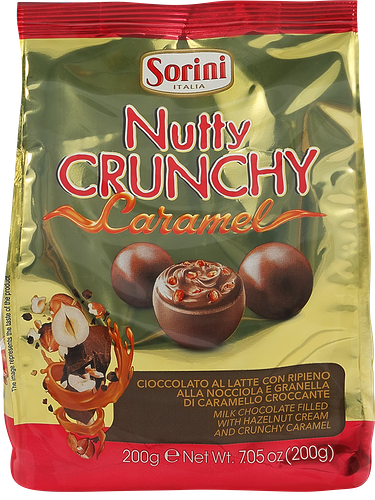 Конфеты пралине из молочного шоколада Sorini Nutty Crunchy с ореховым кремом и хрустящими кусочками карамели 200 г