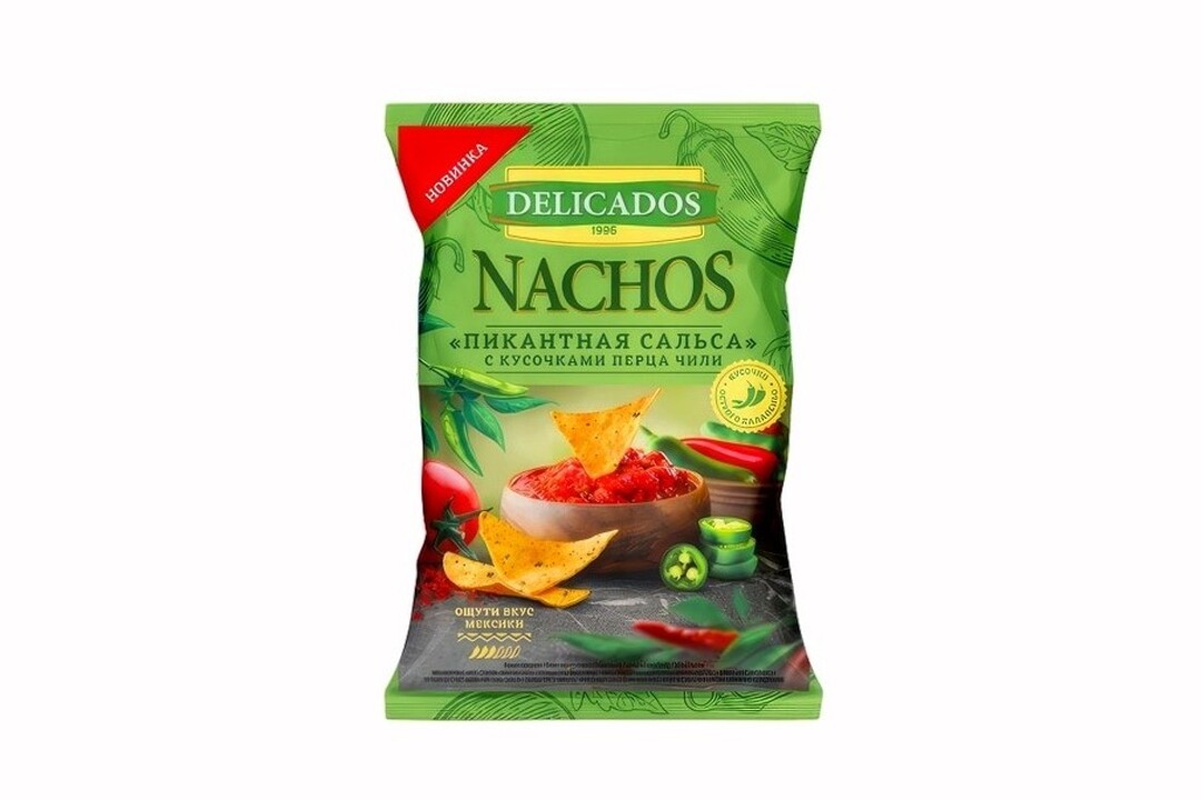 

Чипсы кукурузные Delicados Nachos Пикантная сальса с кусочками перца чили 150 г