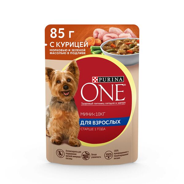 Влажный корм Purina One® Мини Взрослая для собак мелких пород и карликовых пород, с курицей, морковью и зеленой фасолью в подливе 85 г