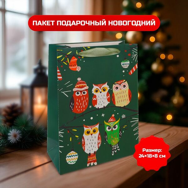 Пакет подарочный новогодний, Снежное кружево, 24х18х8 см, в ассортименте