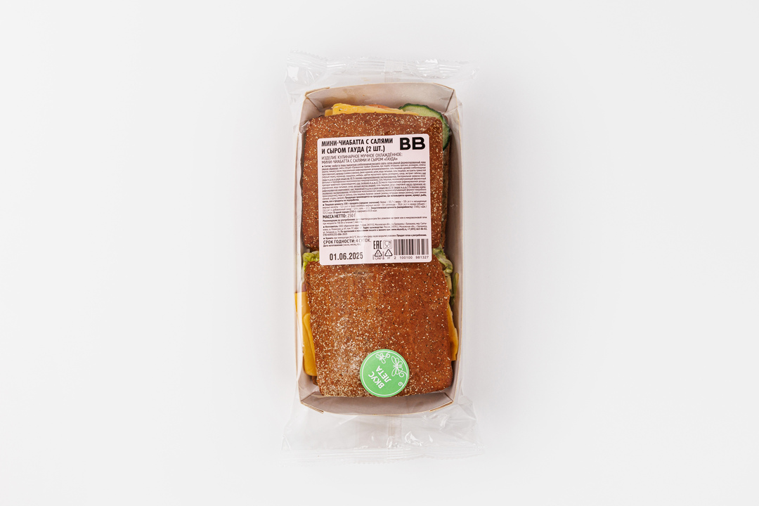 

Мини-чиабатта ВкусВилл с салями и сыром Гауда 2 шт 250 г