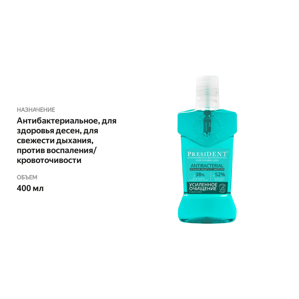

Ополаскиватель President Antibacterial для полости рта 400 мл