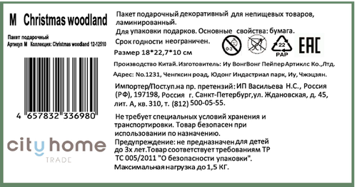 

Пакет подарочный City home Trade Christmas Woodland 22.7х18х10 см 1 шт дизайн в ассортименте