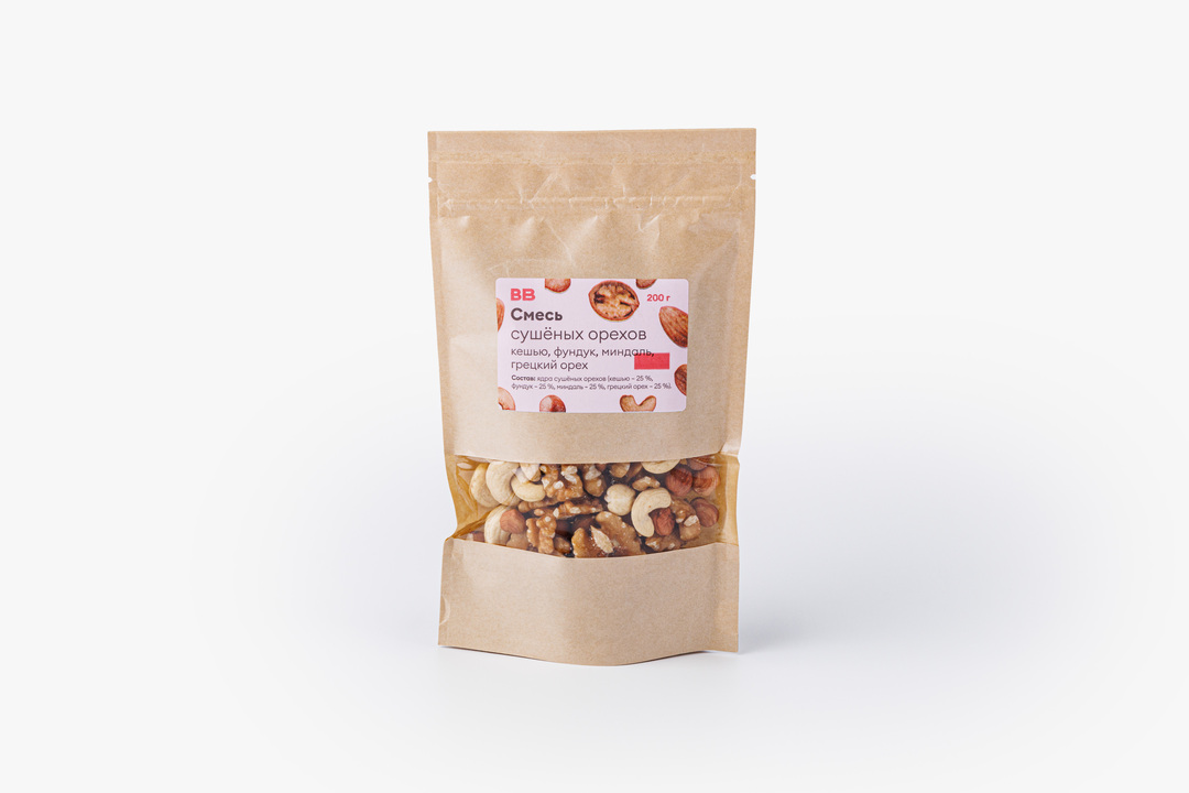 

Смесь сушеных орехов ВкусВилл кешью, фундук, миндаль, грецкий орех 200 г