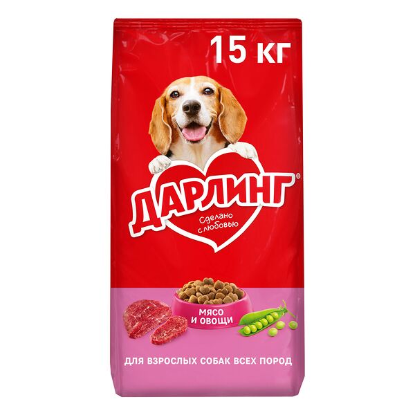 Сухой корм Дарлинг для взрослых собак, с мясом и добавлением овощей 15 кг