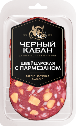 

Колбаса варено-копченая Черный кабан Швейцарская с пармезаном 85 г