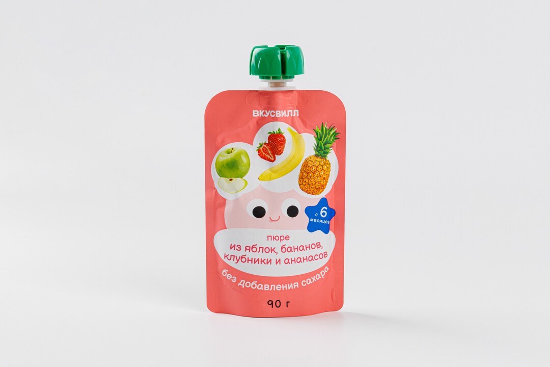 

Пюре из яблок, бананов, клубники и ананасов, 90 г