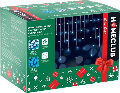 

Электрическая гирлянда HOMECLUB Бахрома 175LED 7,5x0,5м, холодный белый/синий, 8 режимов, таймер, IP44