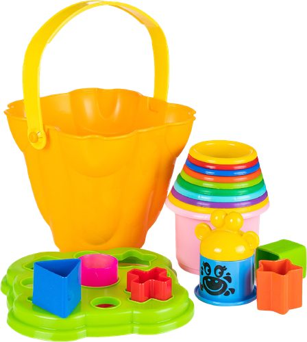 

Игровой набор Fancy Baby Жирафик пирамидка, формочки и ведро сортер